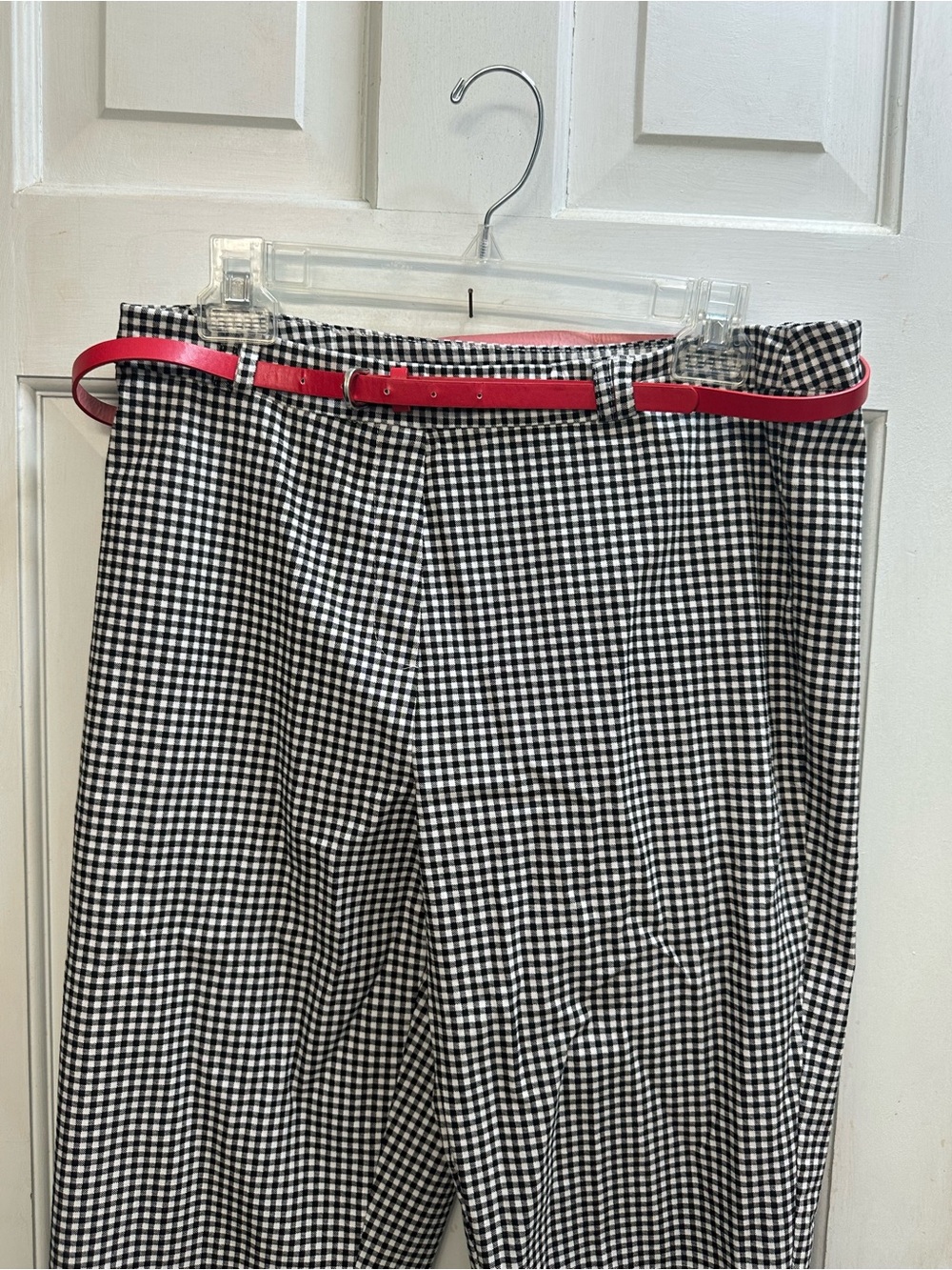 Black & White Gingham Women's Capri Pants with Red Belt